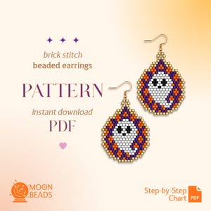 May include: A digital pattern for brick stitch beaded earrings featuring a ghost design. The text reads: brick stitch beaded earrings PATTERN instant download PDF. The earrings are teardrop-shaped with orange, purple, white, and black beads.