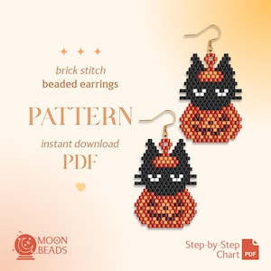 May include: A digital pattern for brick stitch beaded earrings featuring a black cat sitting inside a pumpkin. The text reads: brick stitch beaded earrings, PATTERN, instant download, PDF, MOON BEADS, and Step-by-Step Chart PDF.