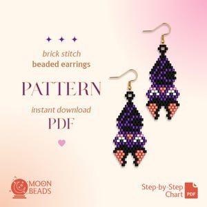 May include: Brick stitch beaded earrings pattern instant download PDF. The earrings feature a bat design crafted from black, purple, white, and peach-colored beads with gold-tone metal hooks. Text includes brick stitch beaded earrings, PATTERN, instant download PDF, MOON BEADS, and Step-by-Step Chart PDF.