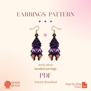 May include: A pair of brick stitch beaded earrings featuring a bat design in black, purple, white, and peach colors with gold-tone hooks. The text reads EARRINGS PATTERN, brick stitch beaded earrings, PDF, instant download, and MOON BEADS.