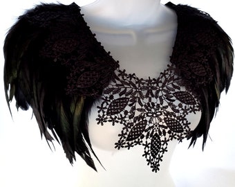 Festival feather epaulettes Burning Man clothing Boho Ren Faire Cosplay LARP shoulder pieces Black wings Halloween costume