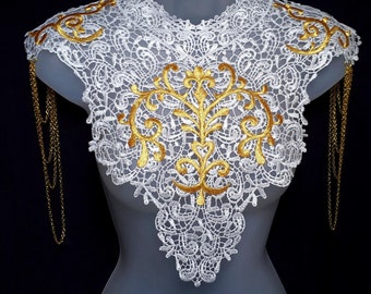 Steampunk lace bib collar White and gold lace statement necklace and shoulder chain epaulettes Burning Man festival clothing Burner Girls