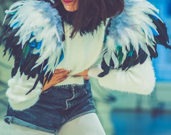 Feather epaulettes huge white turquoise gray black shoulder pieces Burning Man harness Carnival wings Snow Queen Winter Wonderland costume