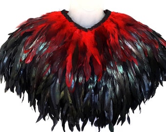 Red festival feather cape Black feather jacket Burning Man clothing Mardi Gras carnival wings Fire festival Cosplay LARP Ren Faire