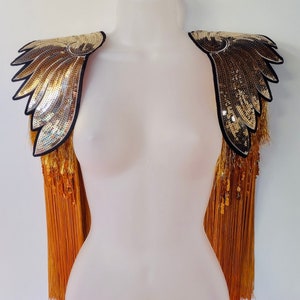 Gold festival epaulettes Sequin fringed wings Cosplay costume LGBTQ Pride Drag queen outfit Burlesque stage wear