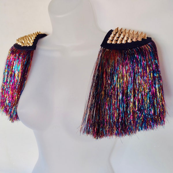 Festival epaulettes multicoloured metallic spiked studded fringed harness Rainbow LGBTQ pride outfit Carnival Rave Drag costume Vegan