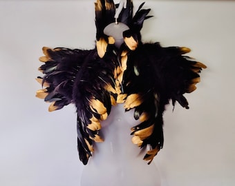 Gold festival feather wings Burning Man Animalia Burlesque Carnival Cosplay LARP Icarus Costume