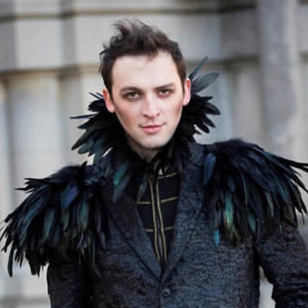 Black feather epaulettes Mens steampunk shoulder pieces feather collar Burning Man Festival Maleficent Cosplay costume Mens Christmas gift