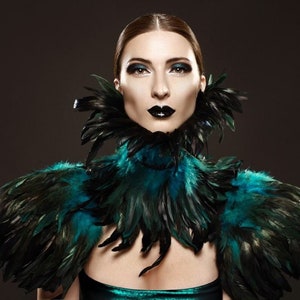 Teal festival feather epaulettes Unisex black aqua turquoise shoulder pieces pads neck corset collar Burning Man clothing Carnival wings