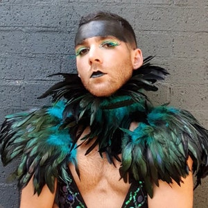 Teal feather epaulettes LGBTQ Pride festival black aqua turquoise shoulder pads neck collar Burning Man clothing Carnival wings Cosplay LARP
