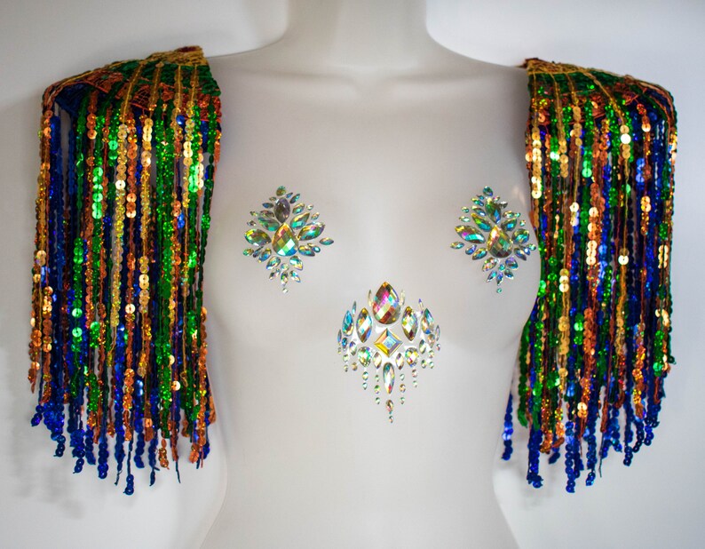 Burning Man rainbow sequin epaulettes Fringed shoulder pieces Etsy
