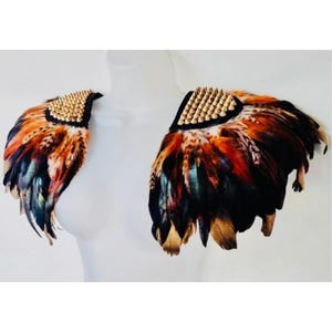 Festival feather epaulettes Gold orange natural black studded spiked wings Unisex pauldrons Icarus costume Mardi Gras carnival outfit