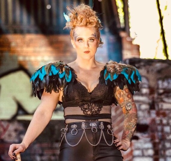 Festival Feather Epaulettes Turquoise Wings Natural Shoulder 