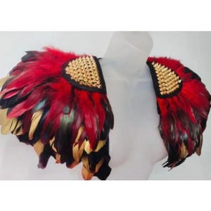 Red epaulettes Gold festival wings Black feather shoulder pieces Circus costume Cosplay outfit LARP Steampunk Burning Man Halloween party