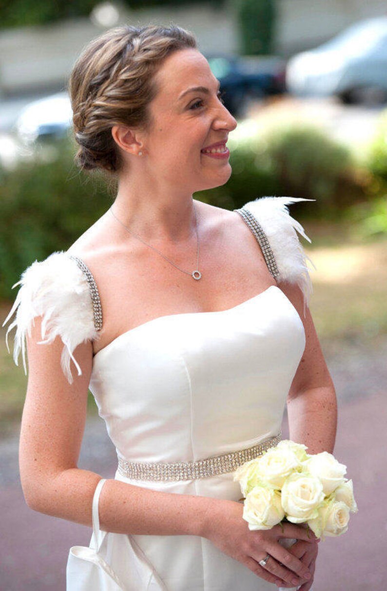 White feather crystal epaulettes Custom fit bridal shoulder pieces pads Wedding cape alternative Modern bride Wings