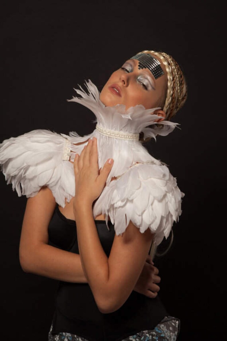 White festival feather epaulettes Bridal feather shoulder pieces Burning Man festival clothing Ice Queen White party Valkyrie