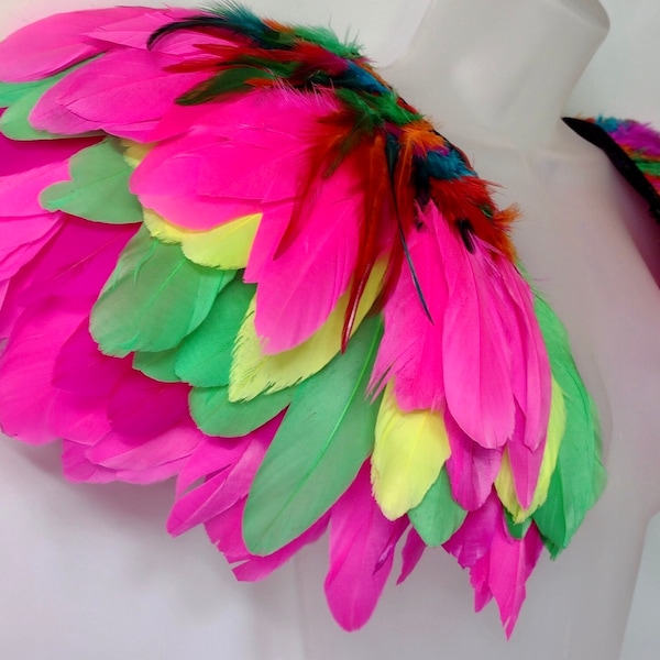 Rainbow feather epaulettes Multicolor shoulder pieces Unisex neon feather wings Burning Man festival clothing Mardi Gras carnival Pride Drag