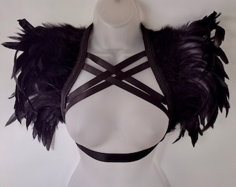 Black feather epaulette harness Carnival Mardi Gras Festival shoulder pads Wings Burning Man Cosplay LARP pauldrons