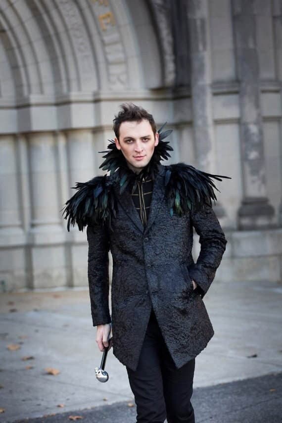 Mens festival epaulettes Black wings Gothic collar Maleficent Halloween outfit Feather costume Steampunk LARP Cosplay Dark Fashion co ord
