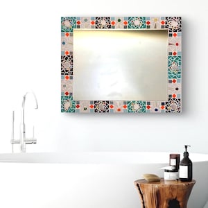 Rectangular wall mirror with beach theme: Greece - mosaic, white and blue, bathroom decor, living room, bedroom, Artisan Home Decoration