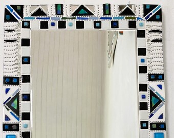 miroir mosaïque céramique noir et blanc "black and white- blue  " 60 x45 cm miroir unique