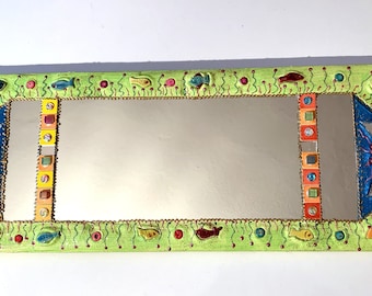 miroir mosaïque et peinture  " aquarium" 23 X 57 cm décoration murale poissons céramique