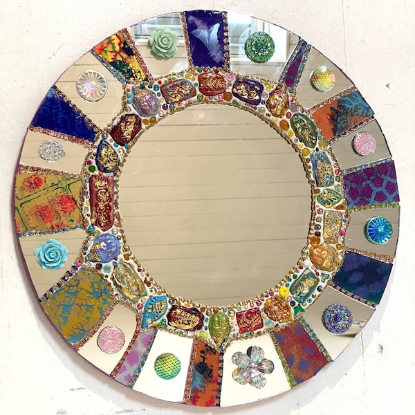miroir mosaïque rond "Bouddhas" diamètre 39 cm décoration murale