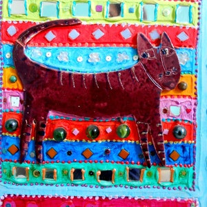 tableau mosaïque peinture-céramique les 7 vies du chat décoration de maison unique image 1