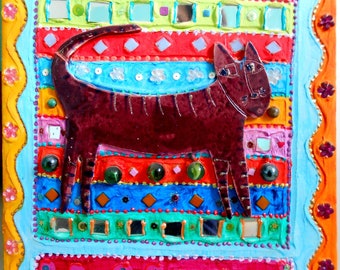 tableau mosaïque- peinture-céramique "les 7 vies du chat" décoration de maison unique