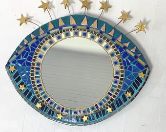 Blue Glass Mosaic Eye Mirror, 60x55cm - LED-Backlit Eye with USB - 7 Gold Stars - One-of-a-Kind Handcrafted Piece