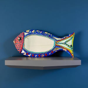 fish-shaped mirror, mosaic and paint, colors, aquatic