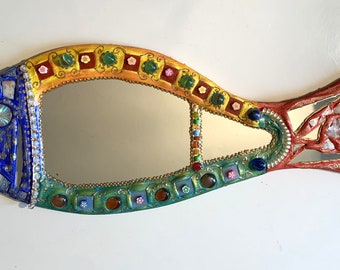 poisson miroir décoration murale  "poisson fleurs" 60 cm X 22 cm mosaïque et peinture joyeuse