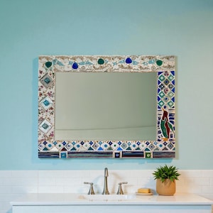 Miroir rectangulaire en mosaïque céramique et verre, décor glacier aux pingouins, décoration murale artisanale 60x45cm