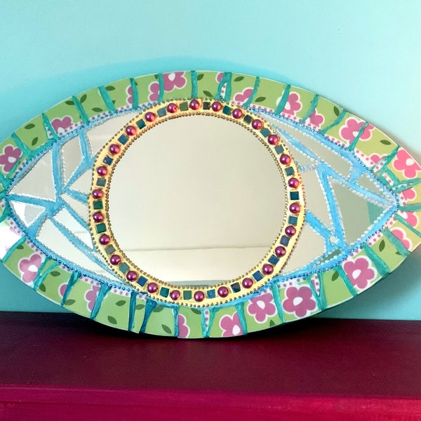 miroir décoration murale mosaïque " les yeux du bonheur" 53 X 30 cm pièce unique