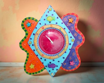 Vibrant colored Pop wall clock, handmade, unique signed piece, original home decor, functional wall art