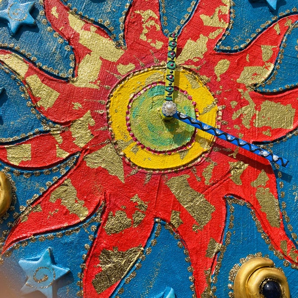horloge "soleil or rouge " diam 34 cm- 13.3 inch décoration murale unique ronde