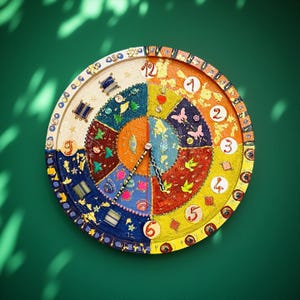 clock in painting and ceramic on wood is very funny and unique, wall decoration original gift - handmade wall art diam-11.8 inch mosaic -