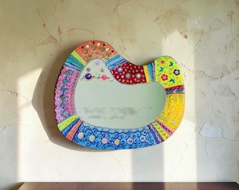 Spegel i vintagestil "Blob Pop", handgjord, väggkonst, inredning - mosaik - målning - unikt signerat verk, 42 ​​x 52 cm
