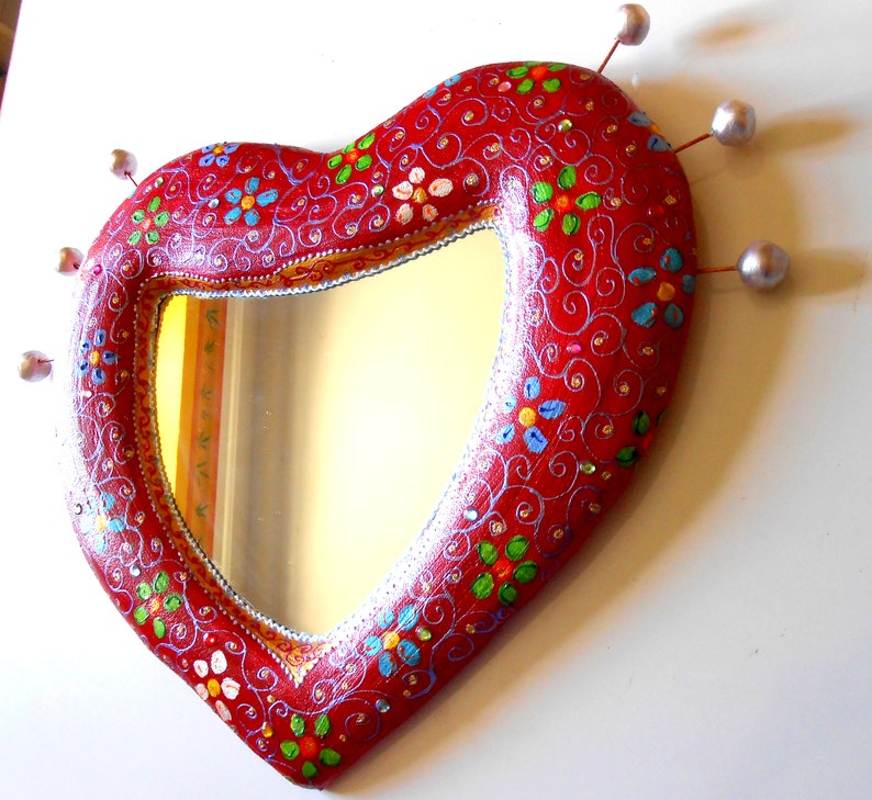 heart wall decor mirror on sculpted volume flowery heart 20 X 19 inchs paint mosaic image 1