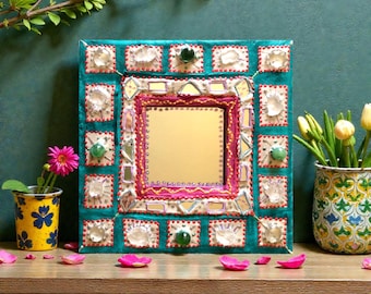 Handmade square mirror, paint and mosaic, one-of-a-kind piece, gift for home wall decor, colored frame, blue, pink, pearlescent, glass, art