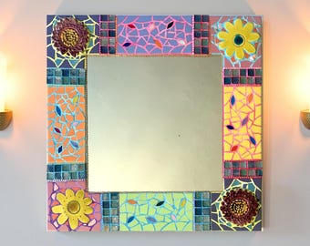 Unique MOSAIC WALL MIRROR - Daisies  Ceramic Wall Décor - Vintage Floral Design For Living Room, Bathroom, Home Gift - Artistic Wall Mirror