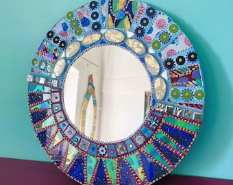 round glass mosaic mirror "my mother's castle" painted glass - diameter 15.35 inches -39 cm inches
