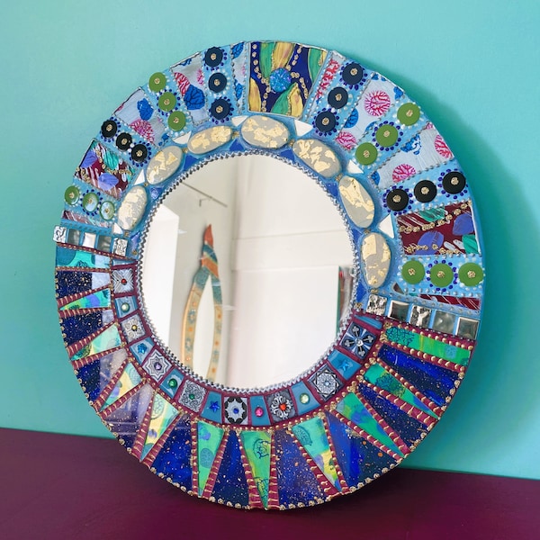 miroir rond mosaïque de verre "le château de ma mère" verre peint -céramique -décoration murale unique diamètre 39 cm