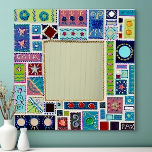 square mosaic mirror, colorful wall art &quot;Gaïa &quot; unique gift art , funny ceramic and pearls like a jewel 12 X 12 inches,design home decor
