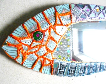 miroir poisson mosaïque et peinture "sardine joyeuse " cadeau unique art recyclage-décoration murale