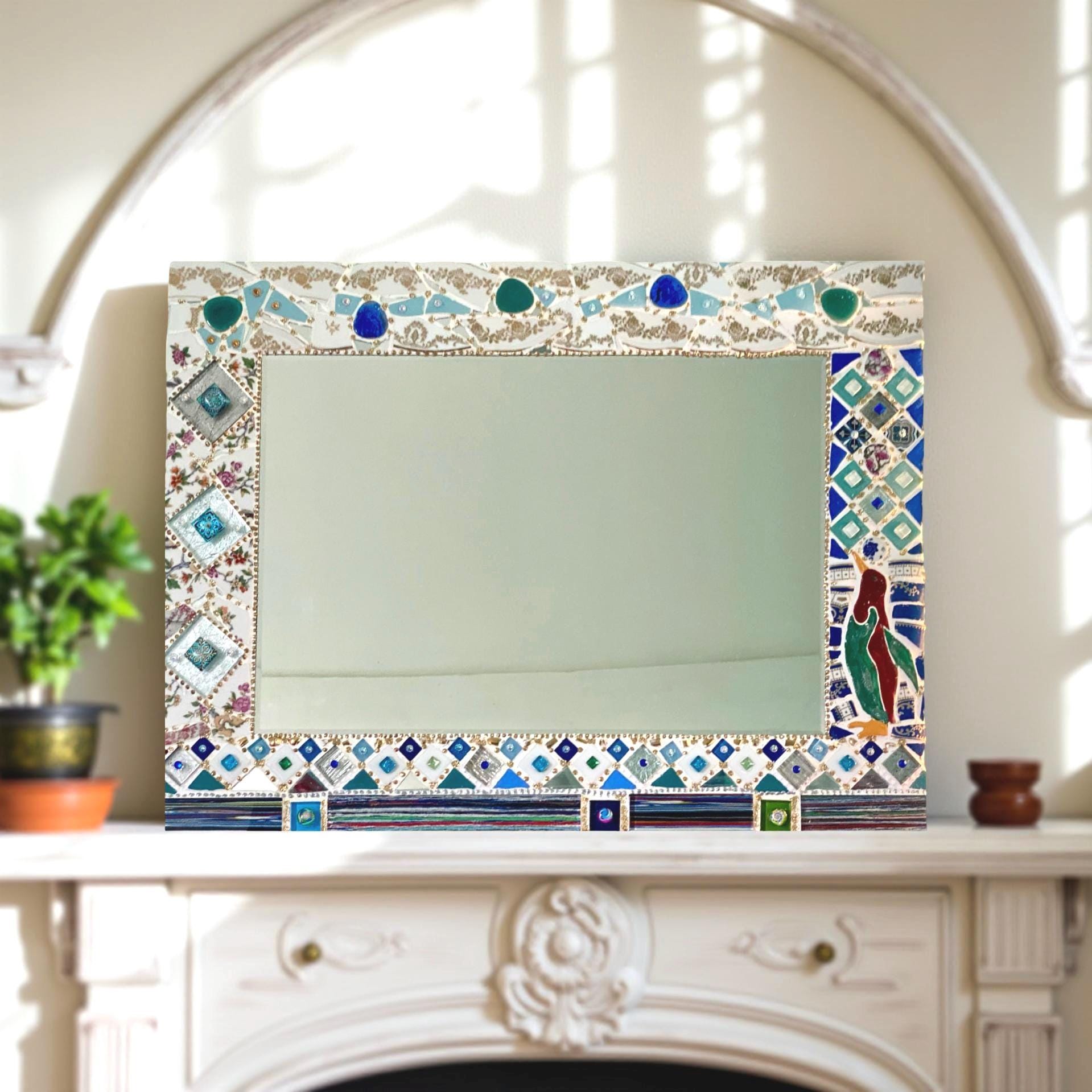 handmade ceramic mosaic mirror, unique “glacier with penguins” wall decoration for the home:bathroom, living room, bedroom.wall art handmade