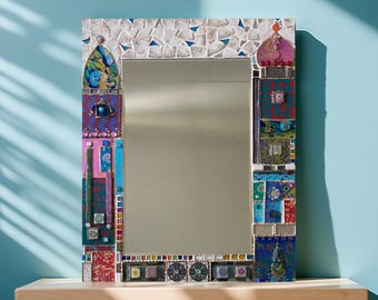 handgefertigter Mosaikspiegel &quot;Dream Rêve 7&quot; bemaltes Glas - Keramik - imaginäre Architektur einzigartige Wanddekoration, Innendekoration