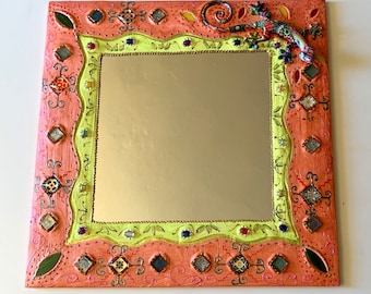 miroir  peinture et mosaïque " gecko du désert" 50 X 50 cm décoration murale -carré