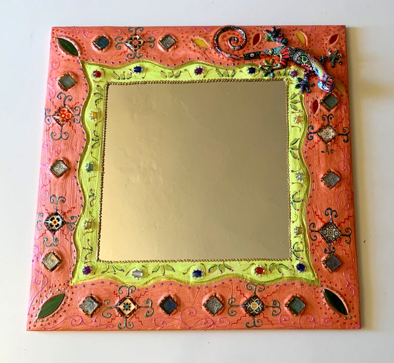 miroir peinture et mosaïque gecko du désert 50 X 50 cm décoration murale carré image 1