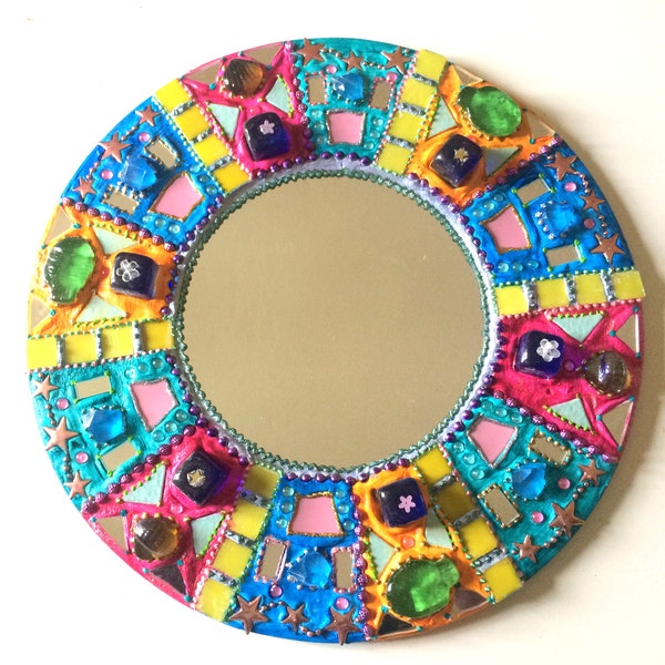 miroir rond mosaïque verre et peinture "kaléidoscope et cubes bleus " diamètre 40 cm décoration murale